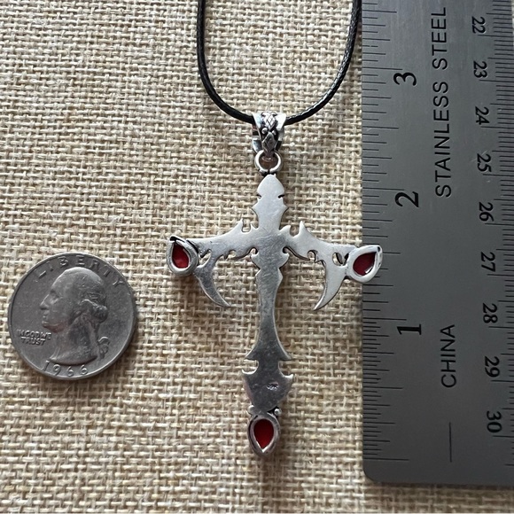 New Gothic Style Silver Overlay and Coral Cross Pendant Necklace - Picture 6 of 7